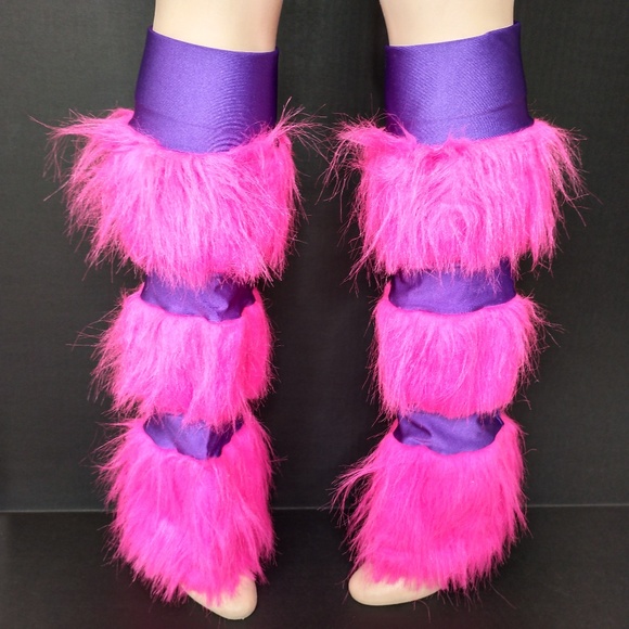 Pink Fur Leg Warmers Purple Striped Pants Fuzzy Fluffies Socks Cosplay Costume - Picture 1 of 7